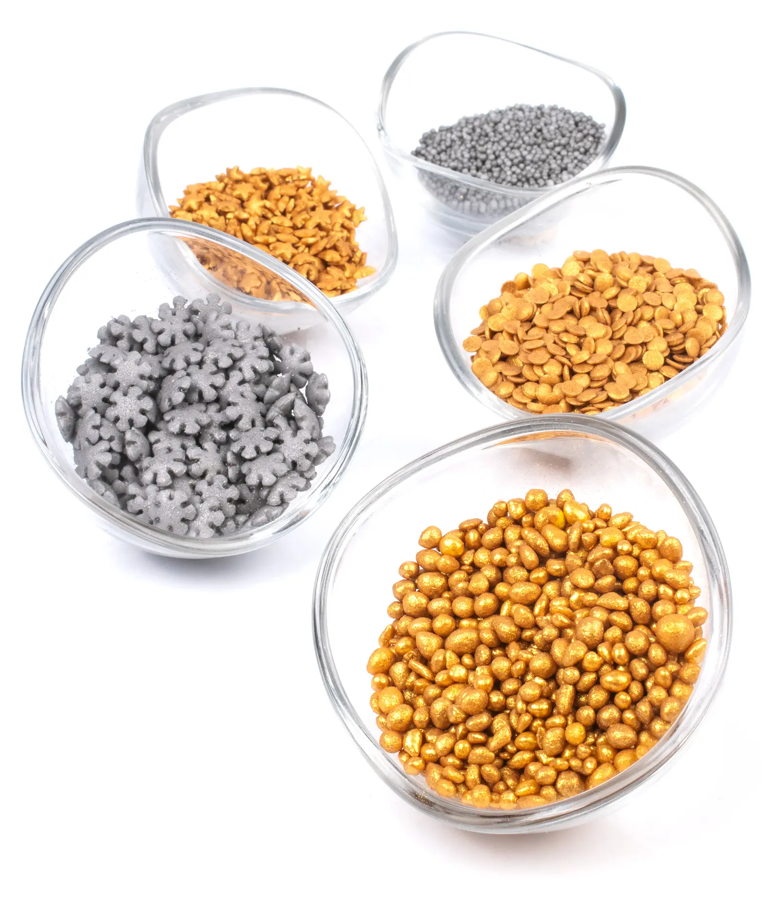 Selection of Gold and Silver products in glass bowls