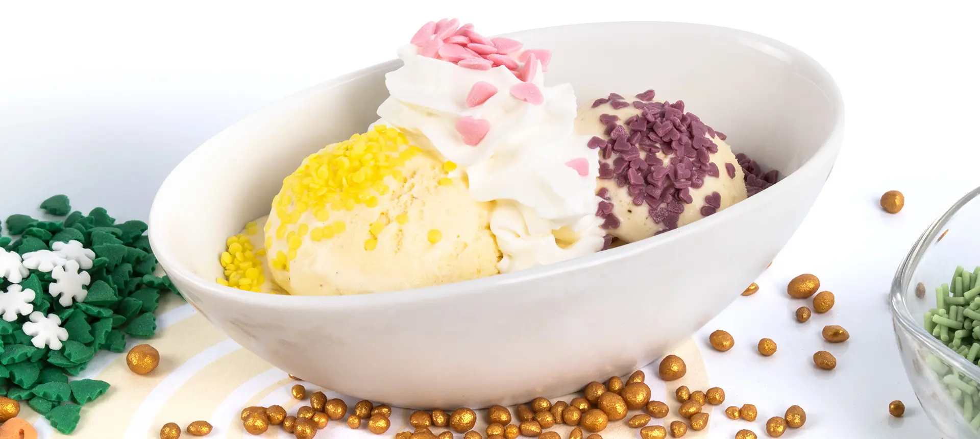 Ice cream decorated with sugar shapes