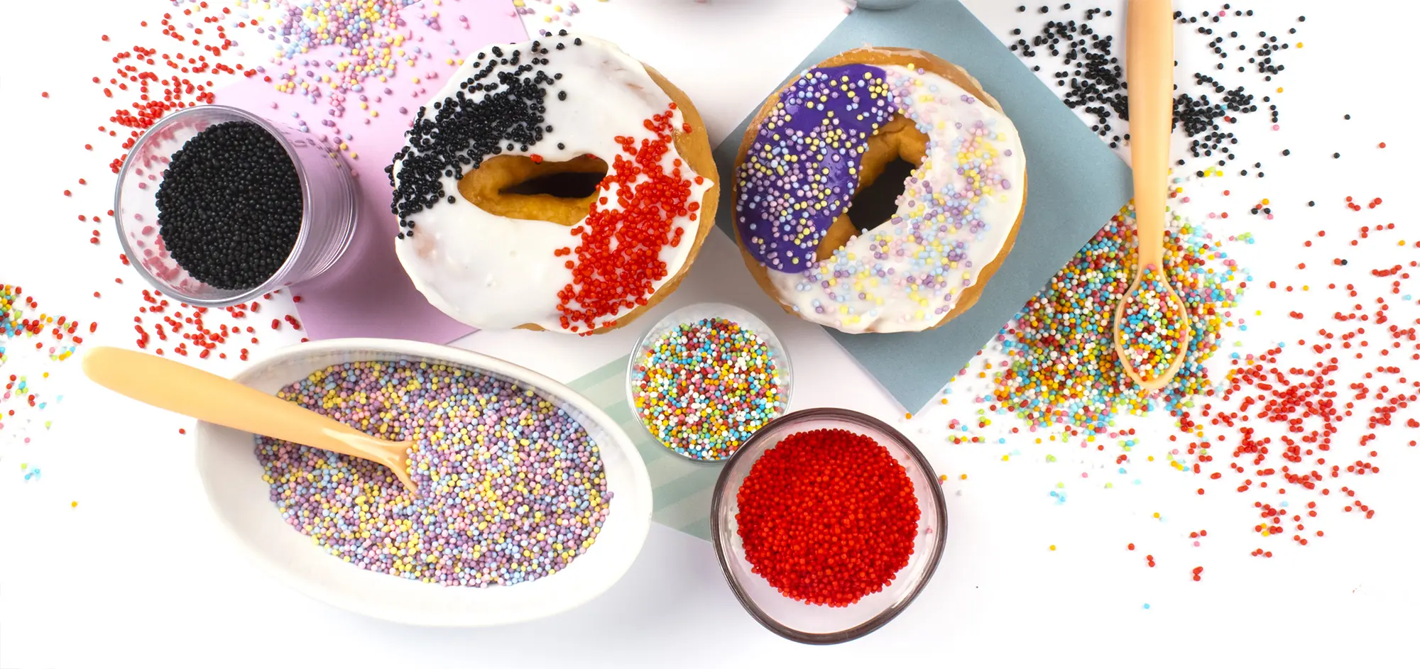 Donuts and bowls decorated with colourful Nonpareils