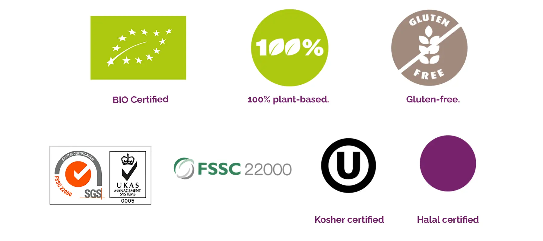 BIO, plant-based, gluten-free, FSSC 22000, Kosher and Halal certifications