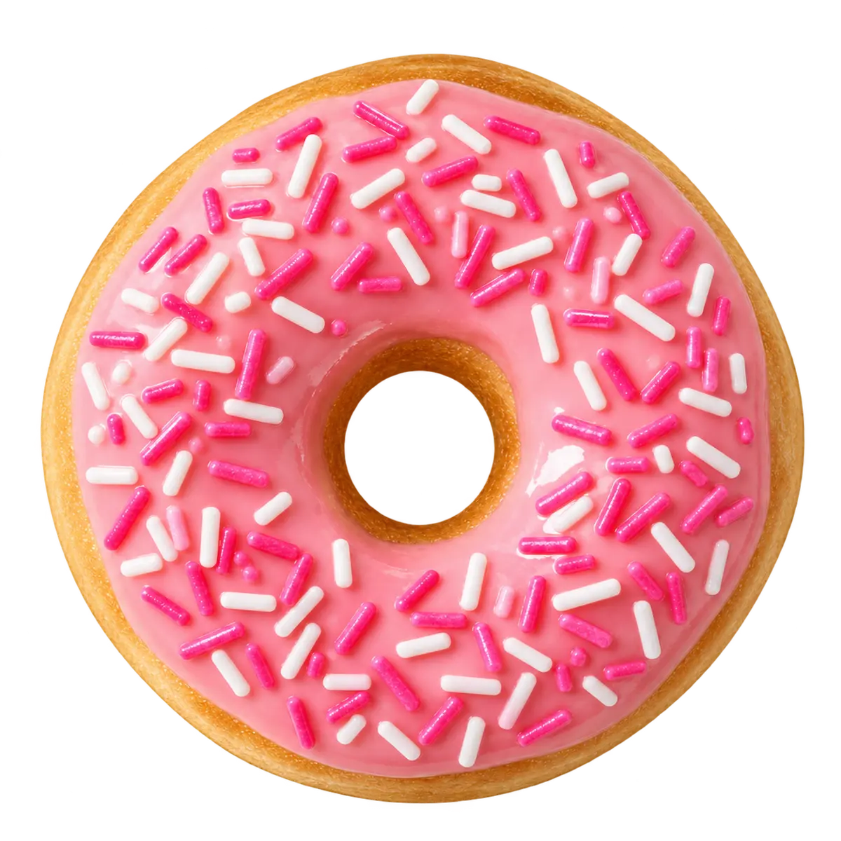 Pink glazed doughnut decorated with pink and white ConfetiCakes sprinkles